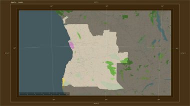 Angola, ülkenin başkenti, haritası, uzaklık ölçeği ve harita sınır koordinatlarına sahip bir topoğrafik, OSM Fransa tarzı harita üzerinde vurgulandı