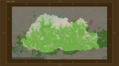 Butan, ülkenin başkenti, haritası, uzaklık ölçeği ve harita sınır koordinatlarıyla birlikte bir topoğrafi, OSM Fransa tarzı harita üzerinde vurgulandı