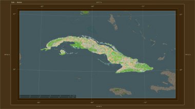 Küba, ülkenin başkenti, haritası, uzaklık ölçeği ve harita sınır koordinatlarına sahip bir topoğrafik, OSM Fransa tarzı harita üzerinde vurgulandı