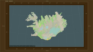 İzlanda, ülkenin başkenti, haritası, uzaklık ölçeği ve harita sınır koordinatlarına sahip bir topoğrafik, OSM Fransa tarzı harita üzerinde vurgulandı