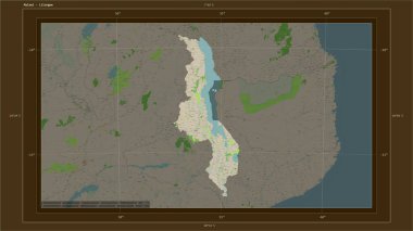 Malawi, ülkenin başkenti, haritası, uzaklık ölçeği ve harita sınır koordinatlarıyla birlikte bir topoğrafik, OSM Fransa tarzı harita üzerinde vurgulandı