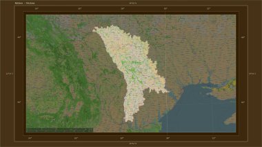 Moldova, ülkenin başkenti, haritası, uzaklık ölçeği ve harita sınır koordinatlarına sahip bir topoğrafik, OSM Fransa tarzı harita üzerinde vurgulandı