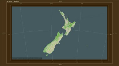Yeni Zelanda, ülkenin başkenti, haritası, uzaklık ölçeği ve harita sınır koordinatlarıyla birlikte bir topoğrafik, OSM Fransa tarzı harita üzerinde vurgulandı