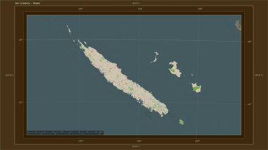 Yeni Kaledonya, ülkenin başkenti, haritası, uzaklık ölçeği ve harita sınır koordinatlarıyla birlikte bir topoğrafik, OSM Fransa tarzı harita üzerinde vurgulandı