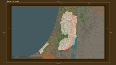 Filistin, ülkenin başkenti, haritası, uzaklık ölçeği ve harita sınır koordinatlarına sahip bir topoğrafik, OSM Fransa tarzı harita üzerinde vurgulandı