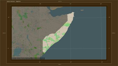 Somali Anakarası, ülkenin başkenti, haritası, uzaklık ölçeği ve harita sınır koordinatlarıyla birlikte bir topoğrafik, OSM Fransa tarzı harita üzerinde vurgulandı