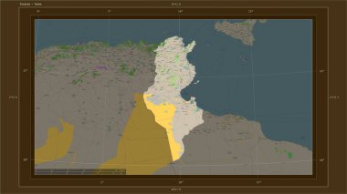 Tunus, ülkenin başkenti, haritası, uzaklık ölçeği ve harita sınır koordinatlarına sahip bir topoğrafik, OSM Fransa tarzı harita üzerinde vurgulandı