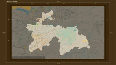 Tacikistan, ülkenin başkenti, haritası, uzaklık ölçeği ve harita sınır koordinatlarıyla birlikte bir topoğrafik, OSM Fransa tarzı harita üzerinde vurgulandı