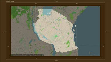 Tanzanya, ülkenin başkenti, haritası, uzaklık ölçeği ve harita sınır koordinatlarına sahip bir topoğrafik, OSM Fransa tarzı harita üzerinde vurgulandı