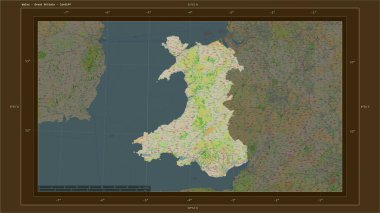 Galler - Büyük Britanya, ülkenin başkenti, haritası, uzaklık ölçeği ve harita sınır koordinatlarıyla birlikte bir topoğrafi, OSM Fransa tarzı harita üzerinde vurgulandı