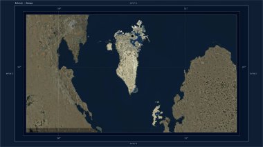 Bahreyn, ülkenin başkenti, haritası, uzaklık ölçeği ve harita sınır koordinatlarıyla birlikte düşük çözünürlüklü bir uydu haritasına vurgulandı