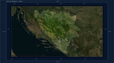 Bosna-Hersek, ülkenin başkenti, haritası, uzaklık ölçeği ve harita sınır koordinatlarıyla birlikte düşük çözünürlüklü bir uydu haritasına dikkat çekti