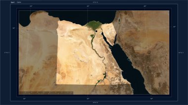 Mısır, ülkenin başkenti, haritası, uzaklık ölçeği ve harita sınır koordinatlarıyla birlikte düşük çözünürlüklü bir uydu haritasına vurgulandı