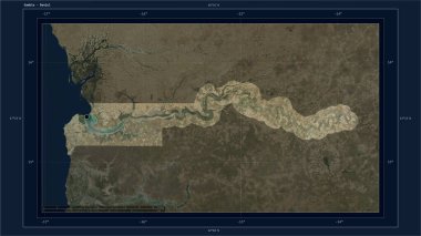 Gambiya, ülkenin başkenti, haritası, uzaklık ölçeği ve harita sınır koordinatlarıyla birlikte düşük çözünürlüklü bir uydu haritasına vurgulandı