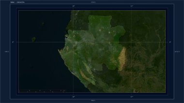 Gabon, ülkenin başkenti, haritası, uzaklık ölçeği ve harita sınır koordinatlarıyla birlikte düşük çözünürlüklü bir uydu haritasına vurgulandı