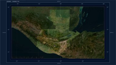 Guatemala, ülkenin başkenti, haritası, uzaklık ölçeği ve sınır koordinatlarıyla birlikte düşük çözünürlüklü bir uydu haritasına vurgulandı