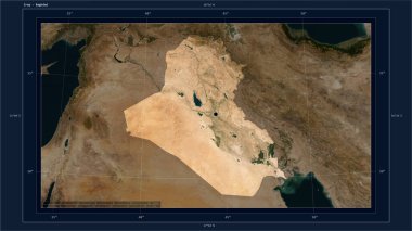 Irak, ülkenin başkenti, haritası, uzaklık ölçeği ve harita sınır koordinatlarıyla birlikte düşük çözünürlüklü bir uydu haritasına vurgulandı