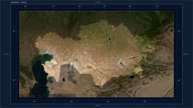 Kazakhstan highlighted on a low resolution satellite map map with the country's capital point, cartographic grid, distance scale and map border coordinates clipart