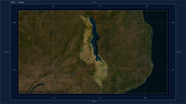 Malawi, ülkenin başkenti, haritası, uzaklık ölçeği ve harita sınır koordinatlarıyla birlikte düşük çözünürlüklü bir uydu haritasına vurgulandı