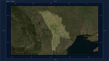 Moldova, ülkenin başkenti, haritası, uzaklık ölçeği ve harita sınır koordinatlarıyla birlikte düşük çözünürlüklü bir uydu haritasına vurgulandı