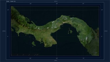 Panama, ülkenin başkenti, haritası, uzaklık ölçeği ve harita sınır koordinatlarıyla birlikte düşük çözünürlüklü bir uydu haritasına vurgulandı