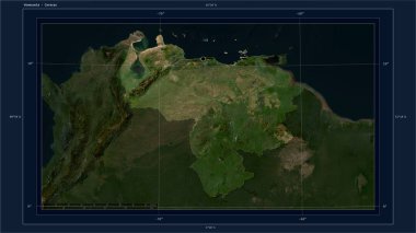 Venezuela, ülkenin başkenti, haritası, uzaklık ölçeği ve harita sınır koordinatlarıyla birlikte düşük çözünürlüklü bir uydu haritasına vurgulandı