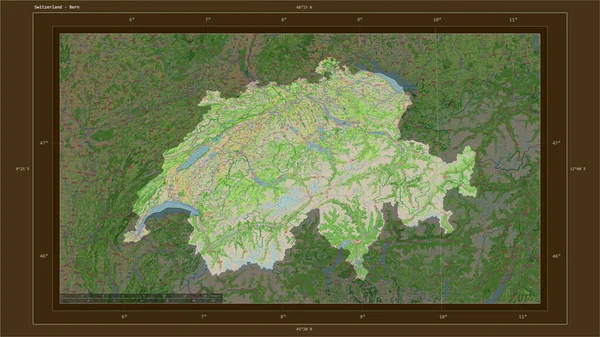 İsviçre, ülkenin başkenti, haritası, uzaklık ölçeği ve harita sınır koordinatlarına sahip bir topoğrafik, OSM Fransa tarzı harita üzerinde vurgulandı
