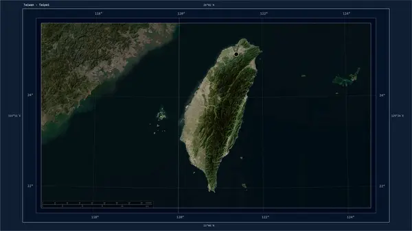 stock image Taiwan highlighted on a low resolution satellite map map with the country's capital point, cartographic grid, distance scale and map border coordinates