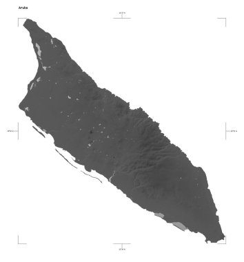 Aruba 'nın göl ve nehirleri ile bir Gri Tonlama yükseklik haritası şekli, uzaklık ölçeği ve harita sınır koordinatları, beyaz üzerinde izole