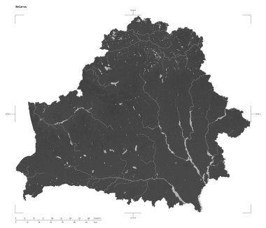 Shape of a Grayscale elevation map with lakes and rivers of the Belarus, with distance scale and map border coordinates, isolated on white