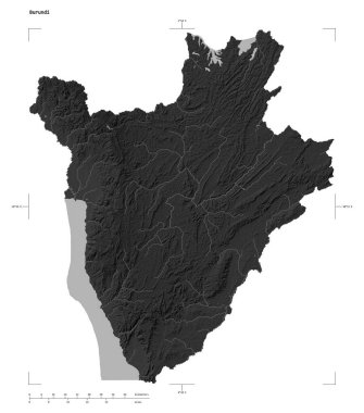 Burundi 'nin göl ve nehirleri ile bir Gri Tonlama yükseklik haritası şekli, uzaklık ölçeği ve harita sınır koordinatları, beyaz üzerinde izole