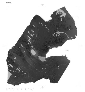 Cibuti 'nin göl ve nehirleri ile bir Gri Tonlama yükseklik haritası şekli, uzaklık ölçeği ve harita sınır koordinatları, beyaz üzerinde izole