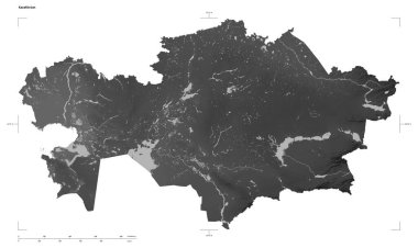 Kazakistan 'ın göl ve nehirleriyle birlikte gri ölçekli yükselti haritasının şekli, uzaklık ölçeği ve harita sınır koordinatlarıyla, beyaz üzerinde izole edilmiş.
