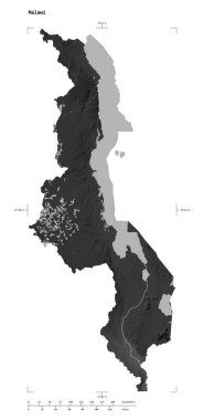 Malawi 'nin göl ve nehirleri ile bir Gri Tonlama yükseklik haritası şekli, uzaklık ölçeği ve harita sınır koordinatları, beyaz üzerinde izole