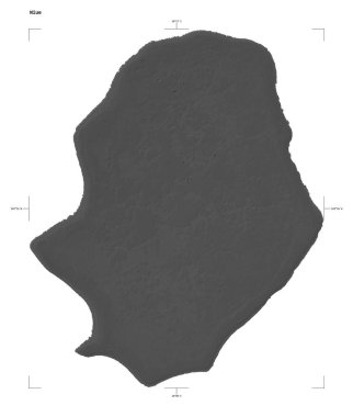 Göller ve Niue nehirleri, uzaklık ölçeği ve harita sınır koordinatları ile Gri tonlama yükseklik haritası şekli, beyaz üzerinde izole