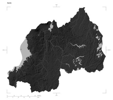 Ruanda 'nın gölleri ve nehirleri ile Gri Tonlama yükseklik haritası şekli, uzaklık ölçeği ve harita sınır koordinatları, beyaz üzerinde izole