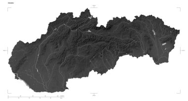 Slovakya 'nın gölleri ve nehirleri ile birlikte, uzaklık ölçeği ve harita sınır koordinatları beyaz üzerinde izole edilmiş bir Gri Tonlama yükseklik haritasının şekli