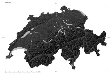 İsviçre 'nin göl ve nehirleri, uzaklık ölçeği ve harita sınır koordinatlarıyla birlikte beyaz üzerinde izole edilmiş gri ölçekli yükseklik haritası.