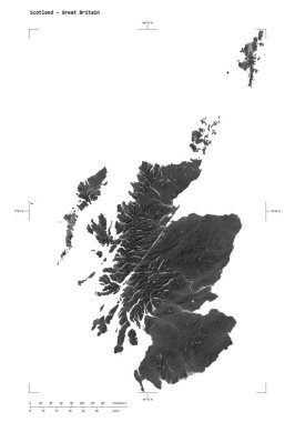 İskoçya 'nın göl ve nehirlerinin yer aldığı gri ölçekli bir yükselti haritası - Büyük Britanya, uzaklık ölçeği ve harita sınır koordinatlarıyla, beyaz üzerinde izole edilmiş