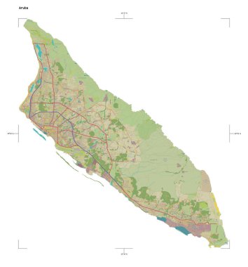 Aruba 'nın uzaklık ölçeği ve harita sınır koordinatlarıyla beyaz üzerinde izole edilmiş bir topoğrafik OSM İnsani stil haritası.