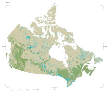 Kanada 'nın OSM İnsani Stil haritasının şekli, uzaklık ölçeği ve harita sınır koordinatları beyaz üzerinde izole edilmiş.
