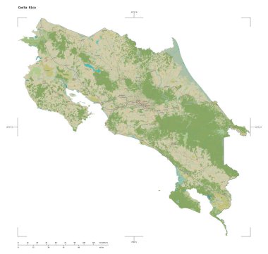 Kosta Rika 'nın uzaklık ölçeği ve harita sınır koordinatlarıyla beyaz üzerinde izole edilmiş bir topoğrafik OSM İnsani stil haritası.