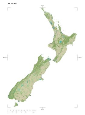 Yeni Zelanda 'nın, uzaklık ölçeği ve harita sınır koordinatlarıyla beyaz üzerinde izole edilmiş, bir topoğrafik, OSM İnsani stil haritası şekli