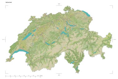İsviçre 'nin bir topoğrafi, OSM İnsani Stil haritası şekli, uzaklık ölçeği ve harita sınır koordinatları, beyaz üzerinde izole