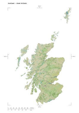 İskoçya 'nın bir topoğrafik, OSM İnsani stil haritası - Büyük Britanya, uzaklık ölçeği ve harita sınır koordinatlarıyla, beyaz