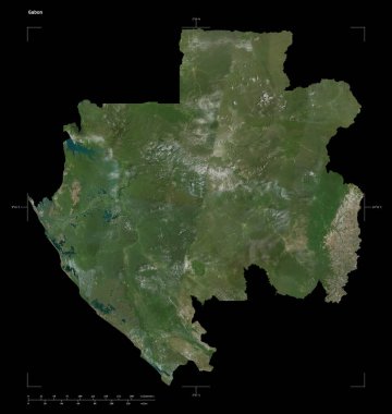 Gabon 'un yüksek çözünürlüklü uydu haritasının şekli, uzaklık ölçeği ve harita sınır koordinatlarıyla, siyah üzerine izole edilmiş.