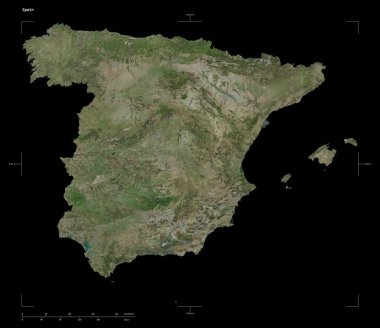 İspanya 'nın yüksek çözünürlüklü uydu haritasının şekli, uzaklık ölçeği ve harita sınır koordinatları, siyah üzerine izole edilmiş.