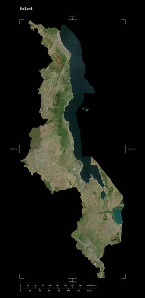 Shape of a high resolution satellite map of the Malawi, with distance scale and map border coordinates, isolated on black