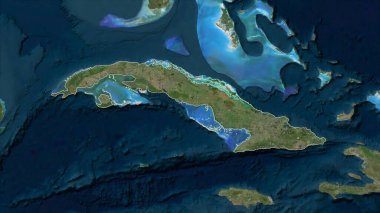 Küba yüksek çözünürlüklü bir uydu haritasında özetlenmiştir