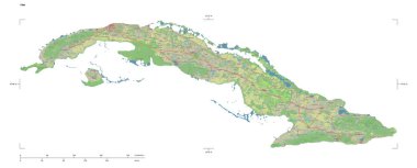 Bir topoğrafik şekli, OSM Almanya tarzı Küba haritası, uzaklık ölçeği ve harita sınır koordinatları, beyaz üzerinde izole